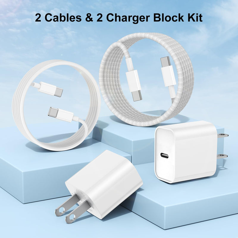 [Australia - AusPower] - for iPhone 15 Charger Fast Charging, 2Pack 6FT USB C to USB C Nylon Braided Cable with 20W Type C Rapid Charging Block for iPhone 15 Plus/15 Pro Max, iPad Pro 12.9/11 inch/4/3th/Air/Mini White 2Pack 6Feet 