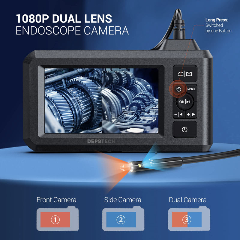 [Australia - AusPower] - DEPSTECH Dual Lens Industrial Endoscope, 1080P Digital Borescope Inspection Camera, 7.9mm IP67 Waterproof Camera, Sewer Camera with 4.3" LCD Screen,7 LED Lights,16.5FT Semi-Rigid Cable,32GB Card-Black Black 