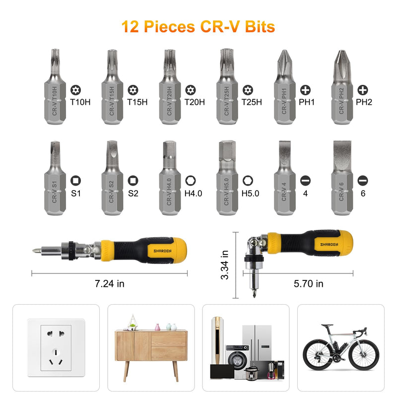 SHARDEN Ratcheting Screwdriver Multi Bit Screw Driver 13-in-1 Tool Ratchet Screwdriver Set Flat Head/Square/Torx/Hex/Phillips Screwdriver, 180 Degree Pivoting Adjustable Angle Magnetic Screwdriver Yellow