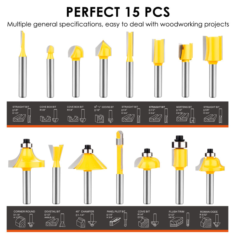 Router Bits Set 1/4 Inch Shank - BAIDETS 15 Pieces 1/4" Tungsten Carbide Router Bits, Woodwork Tools 15 Pcs, 1/4" Shank