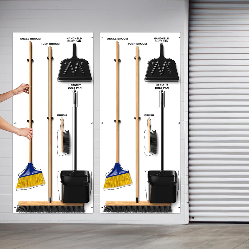 Clean & Sweep 5S Shadow Board/Wall Mount Broom Holder, 68" x 30" Board, 5S Cleaning Station - with Broom and Dustpan Set Included, Made in The USA by AccuformNMC, White/White, PSB716WTWT