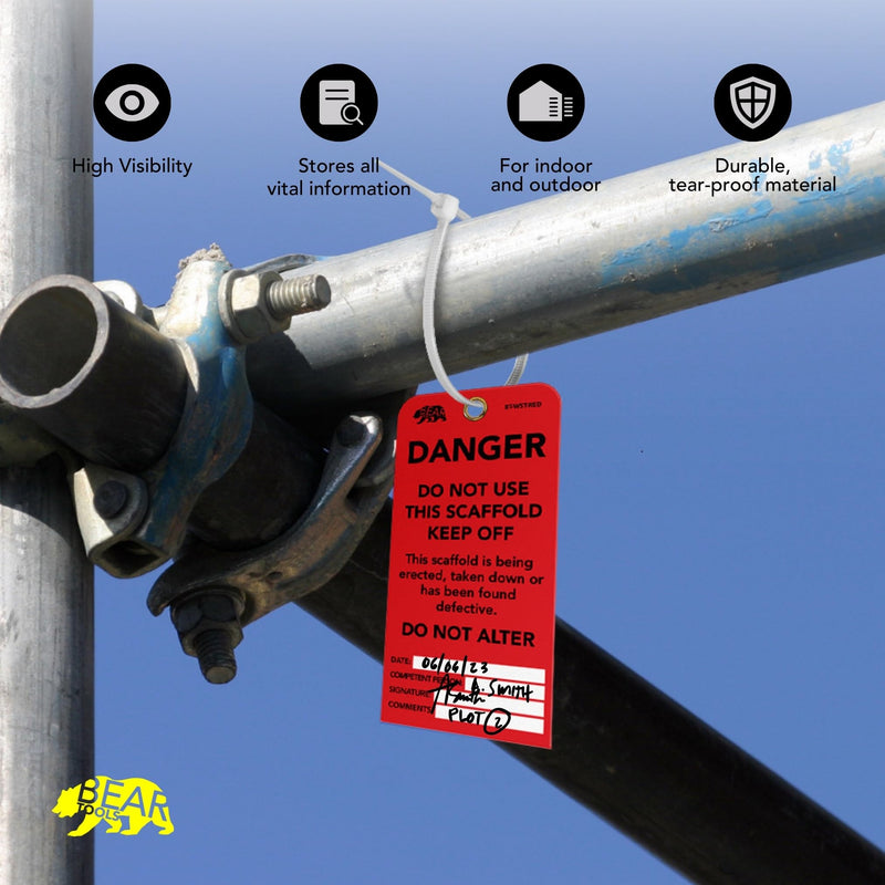 BearTOOLS Scaffold Tags - Safety Inspection Kit with Cable Ties - Danger Scaffold Status Warning Sign - Laminated 3 x 6 in, Pack of 25 - Weatherproof, Tear-Resistant - Red Tags