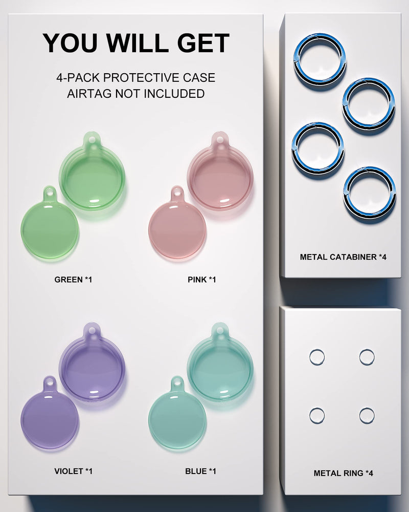 [Australia - AusPower] - 4 Pack Airtag Keychain Waterproof, Air Tag Holder for Apple Airtag GPS Tracker, Soft Full-Body Shockproof Apple Tag Case for Dog Cat Collar, Luggage, Keys (Purple, Green, Blue, Pink) Purple, Green, Blue, Pink 