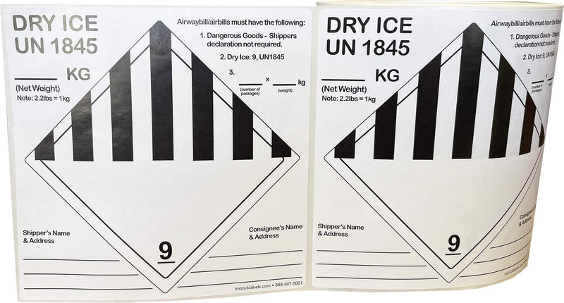 Dry Ice Shipping Labels Hazard Class 9 UN1845 6 x 6 Inch 500 Total Stickers