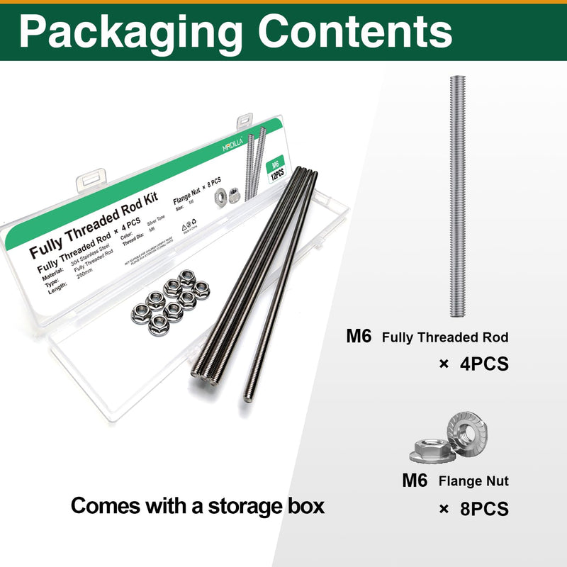 [Australia - AusPower] - M6-1.0x250mm Fully Threaded Rod Studs, 304 Stainless Steel Long Threaded Screw Right Hand Threads, 2 Pack M6 4PCS 