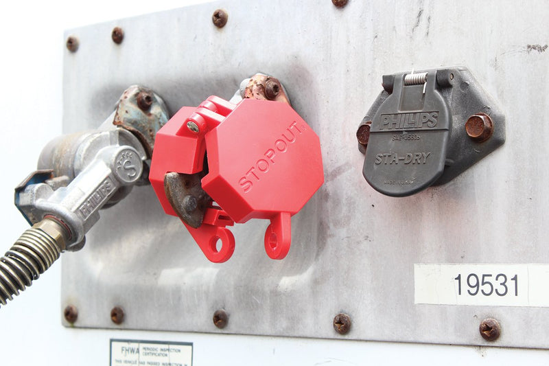 [Australia - AusPower] - Accuform KDD477 STOPOUT Trailer-Lock Glad Hand Lockout, Blocks Access to Air Line Connection, Plastic with Zinc-Coated Steel Hinge Pin, Red 