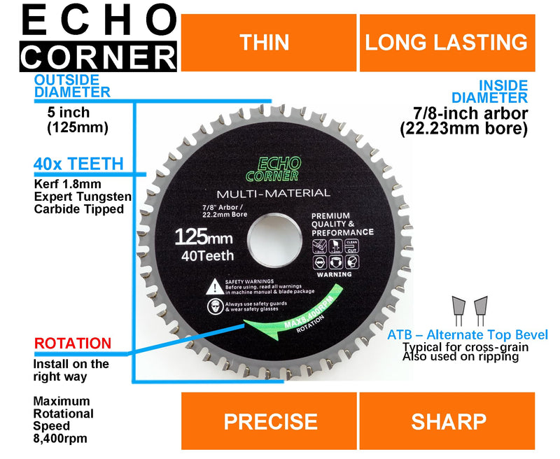 [Australia - AusPower] - Echo Corner 125 mm wood cutting discs wood saw blade for angle grinder, carbide 40 teeth, 22.23 bore 