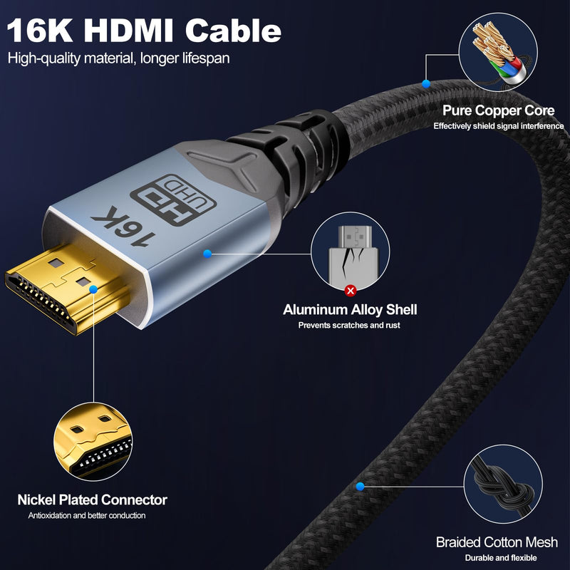 hdmi 2.2 Cable 6.6ft,16K HDMI Cable 96Gbps, Ultra High Speed HDMI 2.2 Cable, 16K@60Hz 8K@120Hz 4K@480Hz HDCP 2.2&2.3, Dynamic HDR, eARC,DTS:X, Compatible with Roku TV/HDTV/Blu-ray/Projector 2M/6.6FT
