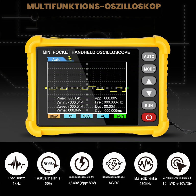 Oscilloscope AP-250K - 2.8 Inch TFT Handheld Digital Oscilloscope Portable Oscilloscope for the Automotive Industry, 2.5 MS/s High Sampling Rate, 250 kHz Bandwidth, Trigger Function Auto/Nomal/Single