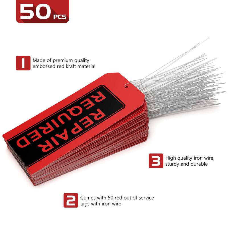 Repair Required Tags (Pack of 50) Red Repair Tags with Wires Attached,Maintenance Repair Label Tags with Wire