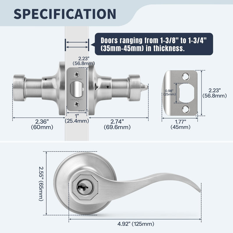 Wave Style Door Lever Keyed Entry Door Handle with Lock, Entrance Lever Reversible for Left/Right Handed for Office or Front Door with Satin Nickel Finish, 1 Pack Keyed Entry (With Lock & keys)