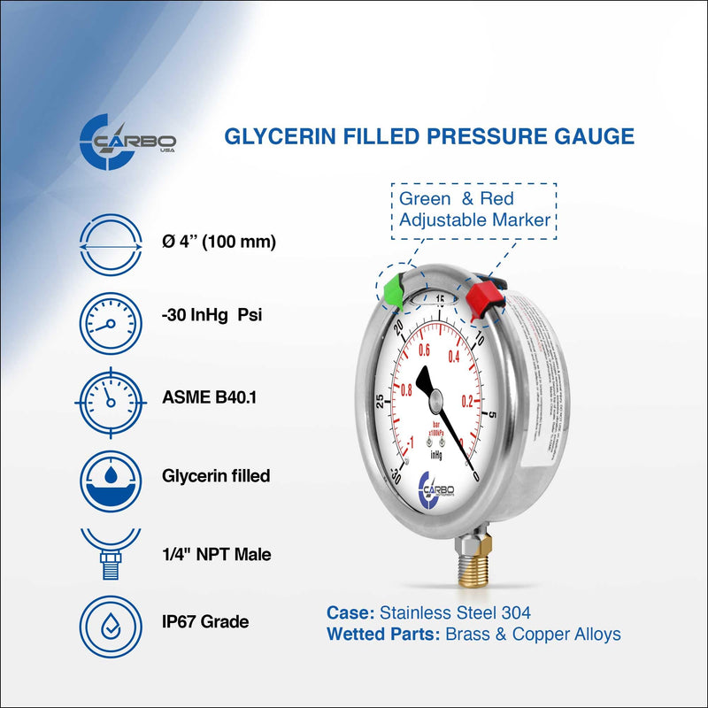 [Australia - AusPower] - 4" Pressure Gauge, Stainless Steel Case, Chrome Plated Brass Connection, Lqiuid Filled, Vacuum -30 Hg/0, Lower Mount 1/4" NPT -30 inHg 