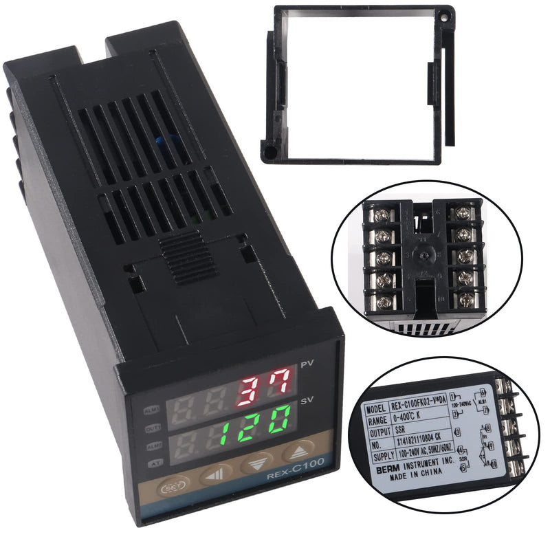 [Australia - AusPower] - Digital PID Temperature Controller REX-C100 PID Thermostat Temperature Controller Digital REX C100 with 40DA SSR Relay K Thermocouple Probe RKC and Black Heat Sink 40DA Black 