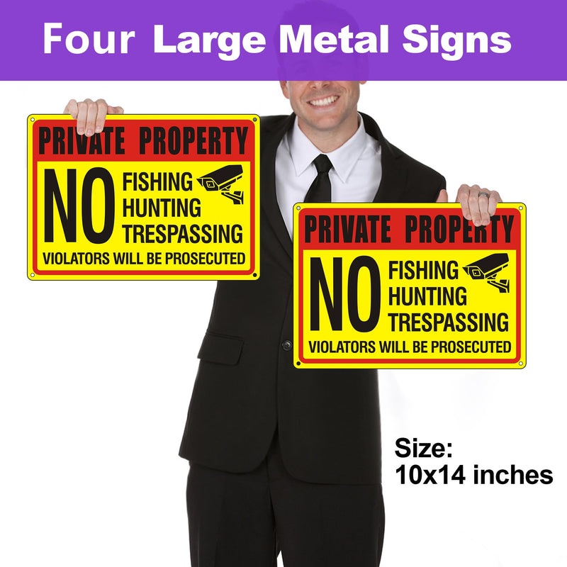 (4 Pack) Private Property No Trespassing No Hunting No Fishing Sign, No Trespassing No hunting signs,14x10 inches Reflective Aluminum Metal Warning Sign Rust Free Waterproof and Easy to Install 14 x 10 inches no hunting signs