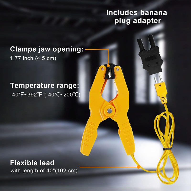[Australia - AusPower] - HVAC Temperature Clamp with Banana Plug Adapter, K-Type Thermocouple Clamp Pipe Temperature Clamp for HVAC/Multimeter, Temperature Sensor Probes Measures -40~392℉(-40~200℃) 