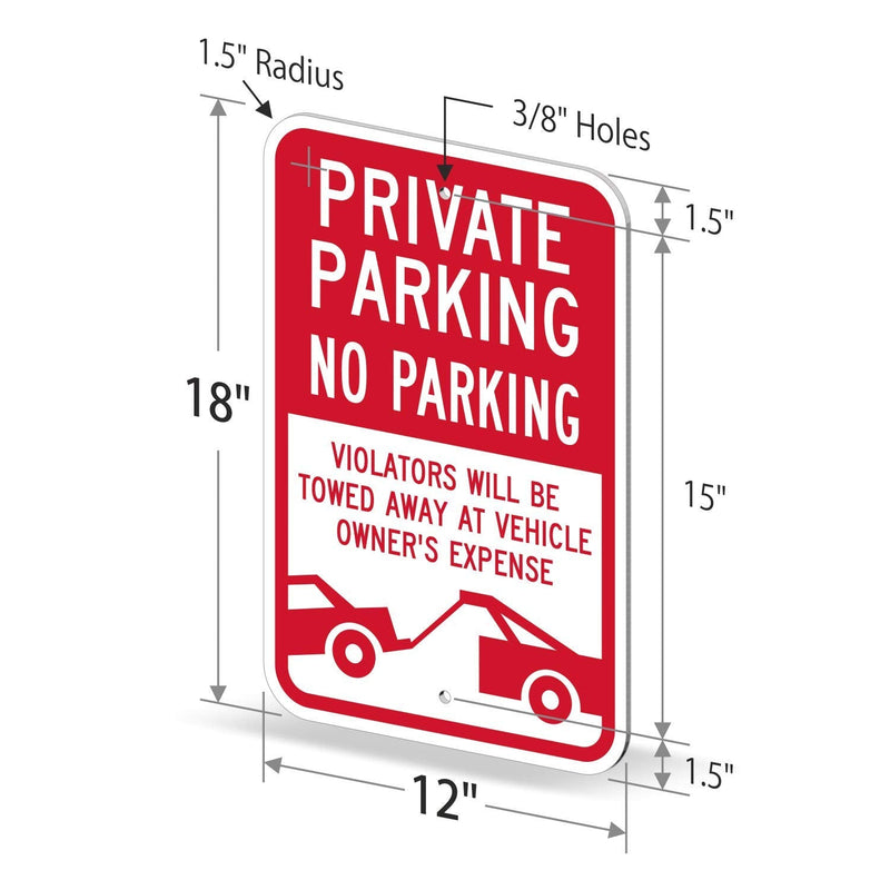 SmartSign 18 x 12 inch “Private Parking - No Parking, Violators Towed At Vehicle Owner's Expense” Metal Sign, 63 mil Aluminum, 3M Laminated Engineer Grade Reflective Material, Red and White, USA-Made