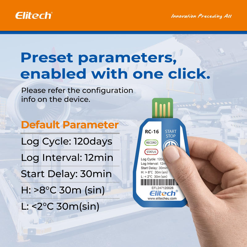 Elitech RC-16 Disposable USB Temperature Logger 120 Days Continuous Recording for Food, Medication & Vaccine Cold Chains, Alarm Function, IP67 Water Protection, Adjustable Parameters 1