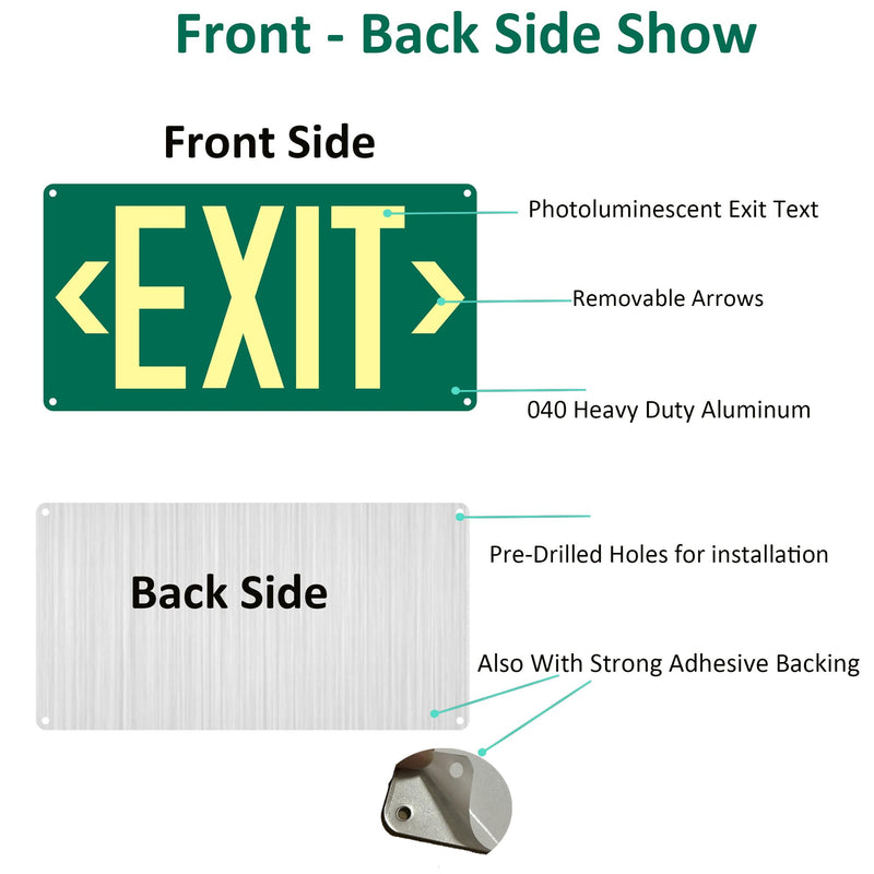 (2Pack) Photoluminescent Exit Sign, Glow In The Dark Aluminum Exit Sign Green - Adhesive Backing - 4pcs Removable Arrows Included - 14.25 x 7.5 Inches - Non Electrical Exit For 50 Feet Visibility Green - Exit