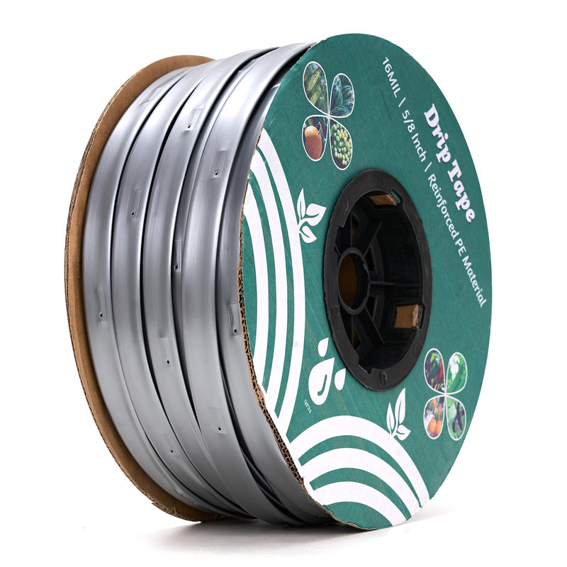 500FT 5/8" Drip Tape Irrigation, 16 Mil Heavy Duty with 6" Emitter Spacing, Silver Reflective Drip Tape Resistant to Pecking & Biting, Heat-Safe for Seedlings, Ideal for Garden Farm Greenhouse Patio 500FT 16MIL
