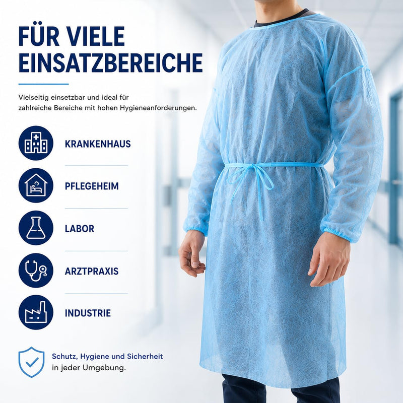 10 x Disposable Protective Gown Blue - Visitor Gowns Made of PP Fleece 18 g/m² - Non-Sterile Disposable Gown with Ties & Elastic Cuffs - Medical Device Class 1 for Care, Laboratory & Hospital