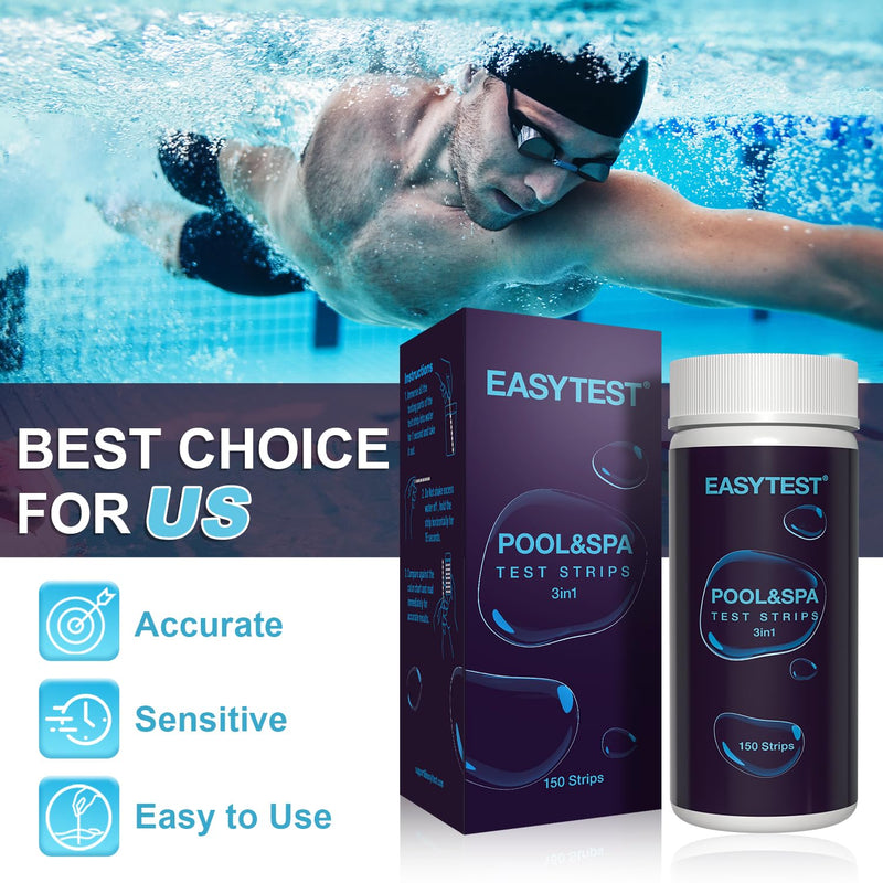 EASYTEST Pool and Spa Test Strips, 150 Strips Pack for Hot tub-Test pH,Total Alkalinity,Free Chlorine and Bromine, Accurate 3 in 1 Pool Water Testing Kit 3 in 1 Pool Test Strips