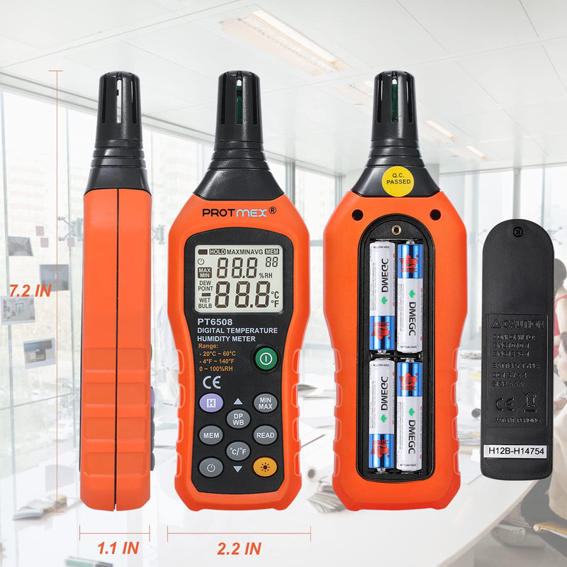 Protmex Digital Temperature Humidity Meter, Thermometer Hygrometer with Ambient Dew Point and Wet Bulb Temperature Indoor and Outdoor, Data Logger with Min/Max Hold, LCD Backlight, PT6508 Black+Orange