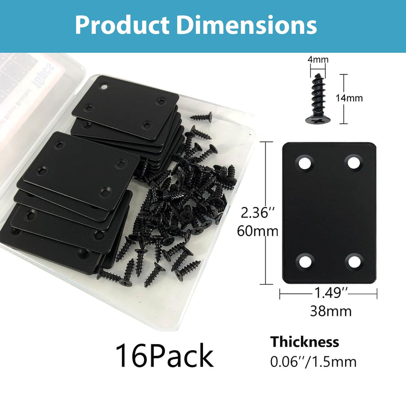 [Australia - AusPower] - QSJ 16 Pack Black Flat Mending Plate 2.36x1.49'', Stainless Steel Bracket, Straight Metal Brace Bracket, Fixing Joining Plate for Wood Furniture Fastening & Fixing Black, 2.36x1.49'' 