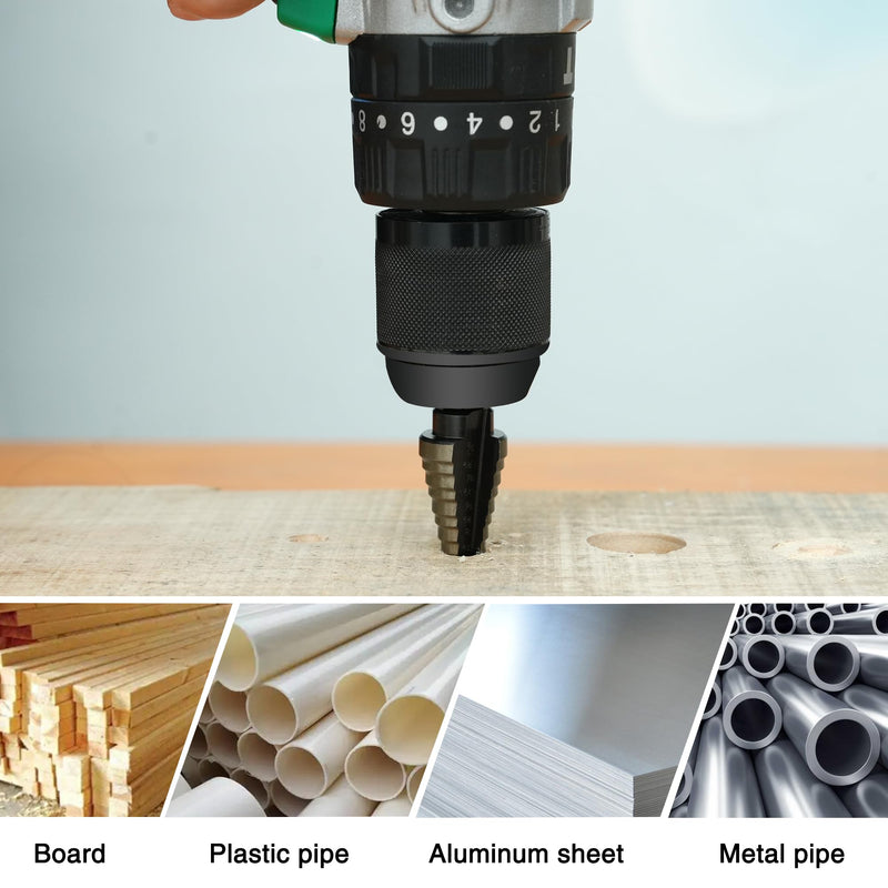 GMTOOLS 5Pcs Step Drill Bit & 5Pcs Countersink Drill Bit Set, Titanium Coated, 50 Sizes of Step Bit for Metal with Aluminum Case, Multiple Hole Stepped Up Bits for DIY 11PCS