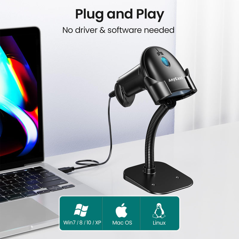 Barcode Scanner with Stand, USB Wired Inventory 2D 1D QR Code Scanner for Computer POS MAC with Automatic Screen Scanning, Handheld CMOS Image Bar Code Reader for Warehouse Library Supermarket Black