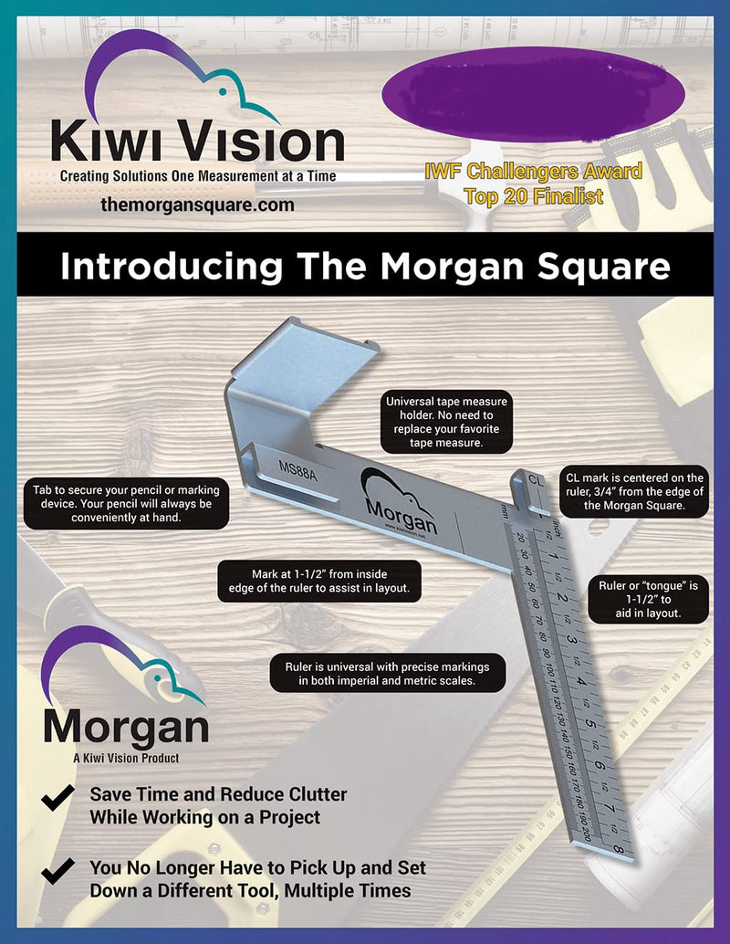 Kiwi Vision® Morgan™ Square Yellow 8-inch: Single Motion Measuring & Marking, Centerline Mark, Tongue is 1 1/2, Pencil Holder, 1 1/2 Mark for Openings, Imperial and Metrics, Tape Measure Mount