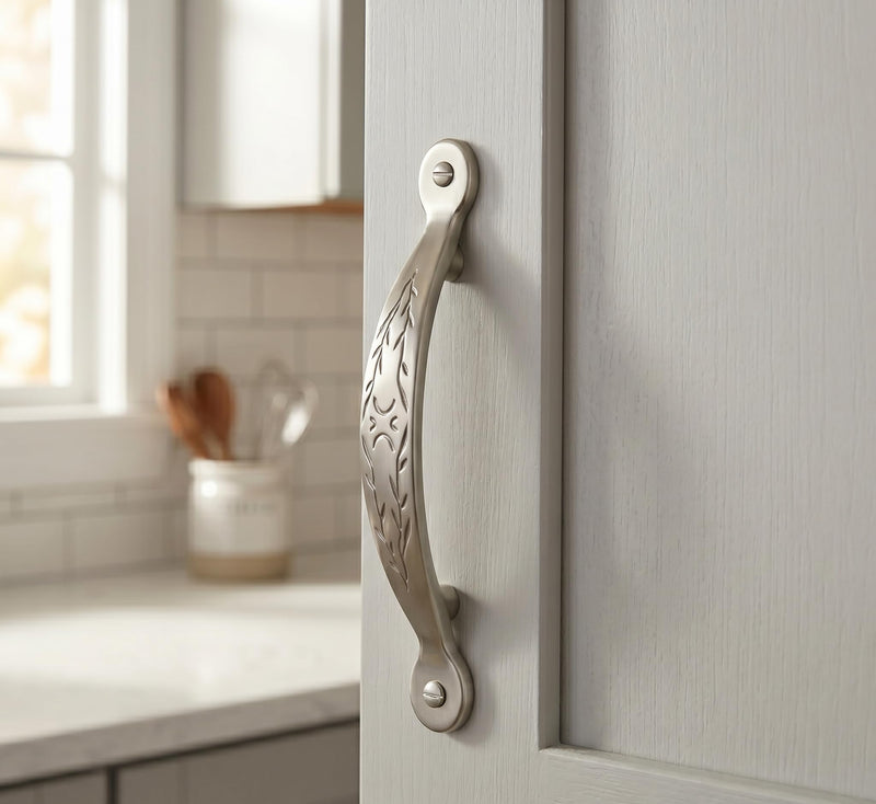 Cosmas 10 Pack 465SN Satin Nickel Leaf Design Cabinet Hardware Handle Pull - 3" Inch (76mm) Hole Centers, 5-3/4" Overall Length