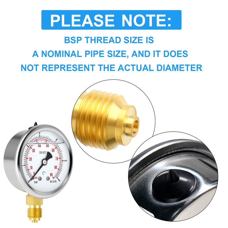 [Australia - AusPower] - ERGAOBOY 0-6 Bar (0-90 Psi) Stainless Steel 1/4 Inch BSP 2.5 Inch Dial Liquid Pressure Gauge, with Brass Adapter, Bottom Mounting 0-6 Bar(1/4" Flüssig füllen) Lower Mount 