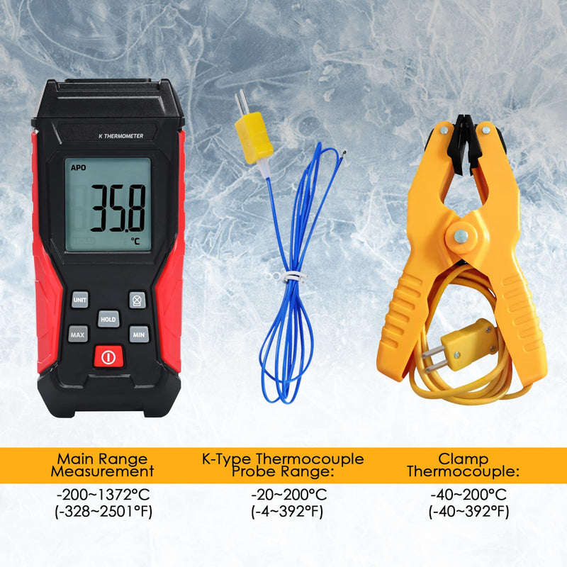 [Australia - AusPower] - Digital K Type Thermometer, Thermocouple Thermometer Single Channel Thermocouple Tester(-328~2501℉) with 1 Temperature Clamp and 1 Thermocouple Probes LCD Display for K Type 