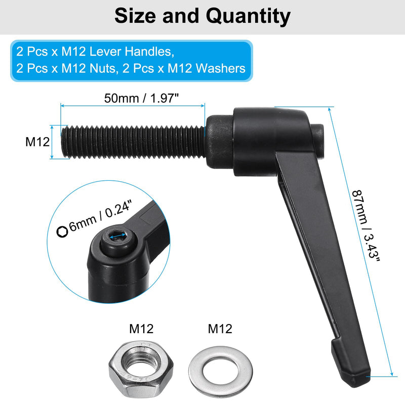 [Australia - AusPower] - uxcell 2pcs Lever Adjustable Handles M12 x 50mm Metric Male Thread with Nuts Washers, Level Clamping Handle Set Hand Stud Knobs Rotating Screw Handles Bolts with Locking Lever, Black 