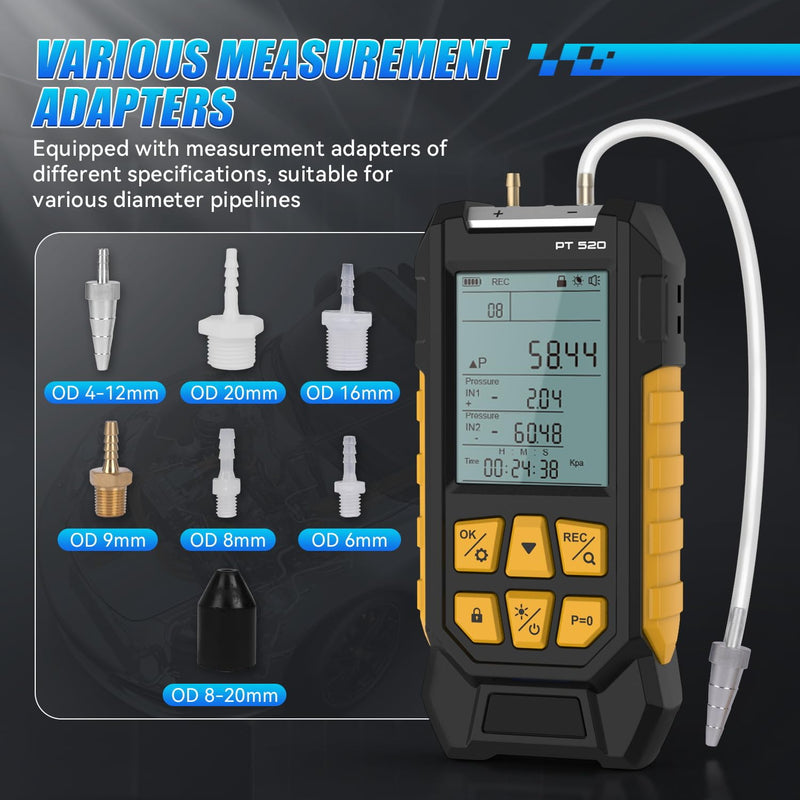[Australia - AusPower] - PT520 Digital Manometer,HVAC Manometer,Manometer Gas Pressure Tester,-100 to 200Kpa Measurement Range,10 Pressure Measurement Units,Data Locking&Storage 