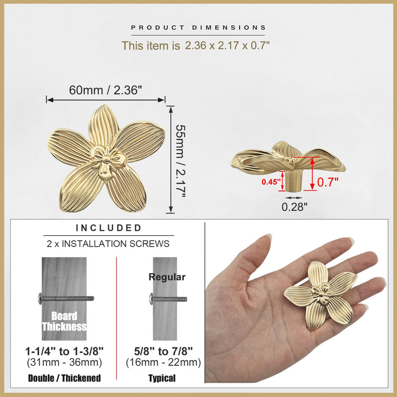 10 Pack Gold Flower Drawer Knobs, 60mm/ 2.36" Gold Decorative Floral Caninet Pulls, Creative Petal Knobs for Dresser Drawer, Bathroom Kitchen Cupboard Furniture Hardware (10 Flower) 10 Pack Brushed Gold Brass