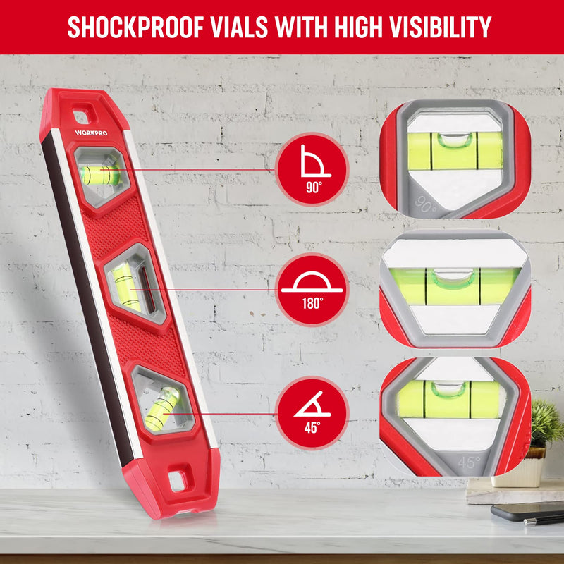 WORKPRO 9-Inch Torpedo Level Magnetic, Small Leveler Tool with 3 Different Bubbles 45°/90°/180° and Overhead Viewing Window, Shock Resistant Bubble Level V-Groove for Measuring plumbing, wood, etc.