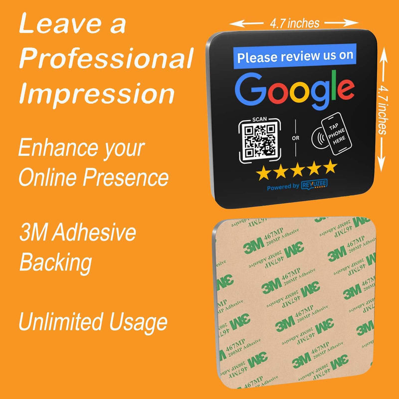 Counter Plate by Revuzee | Tap Plate with QR Code for Google Reviews | NFC and Custom QR Code Sign for Business | Includes Analytics and Customizable Landing Page | Adhesive Backing | 4.7"x 4.7" | Black 1 Pack