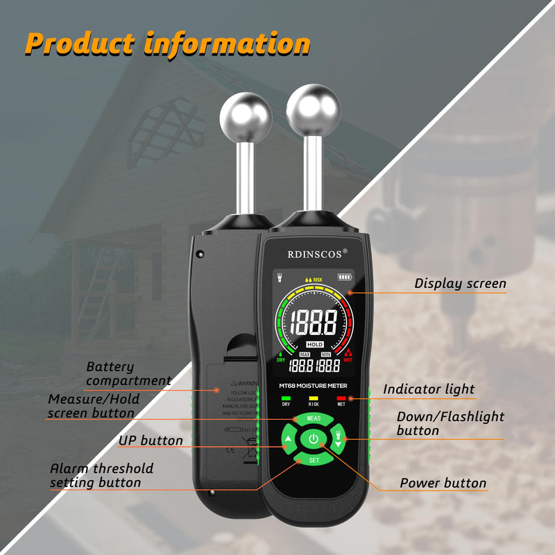 RDINSCOS Ball Probe Moisture Meter Non-Invasive Digital Moisture Detector with 40 mm Depth, Flashlight, LCD Display MT68