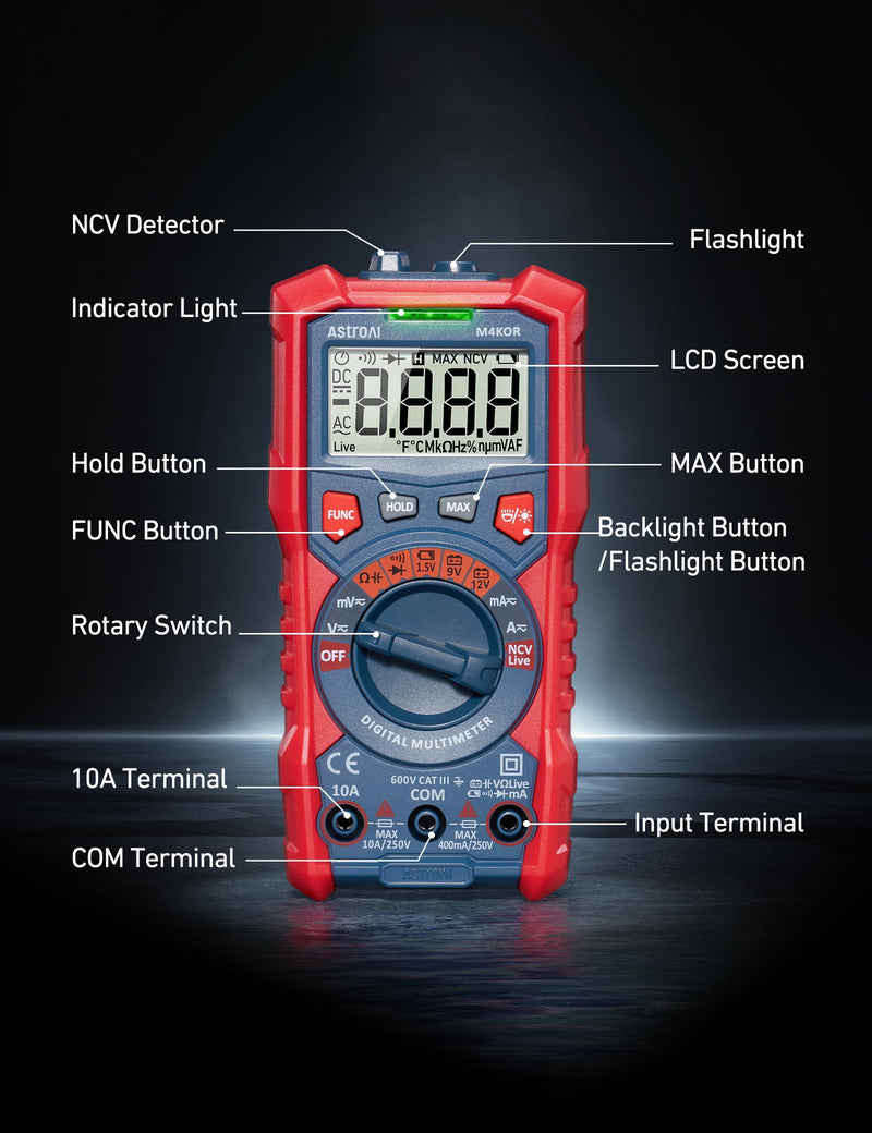 [Australia - AusPower] - AstroAI M4K0R 4000 Counts Auto-Ranging 1.5v/9v/12v Battery Voltage Multimeter and AstroAI CM2KOR Digital Clamp Meter 2000 Counts 