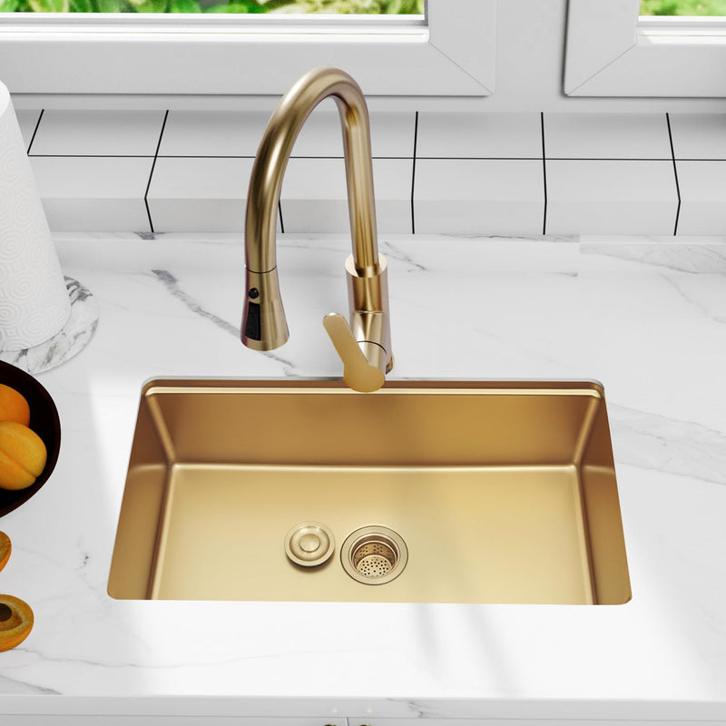LQS Kitchen Sink Drain Strainer Assembly, Sink Drain 304 Stainless Steel with Removable Deep Waste Basket and Sealing Lid 3-1/2-inch Golden Deep Locking