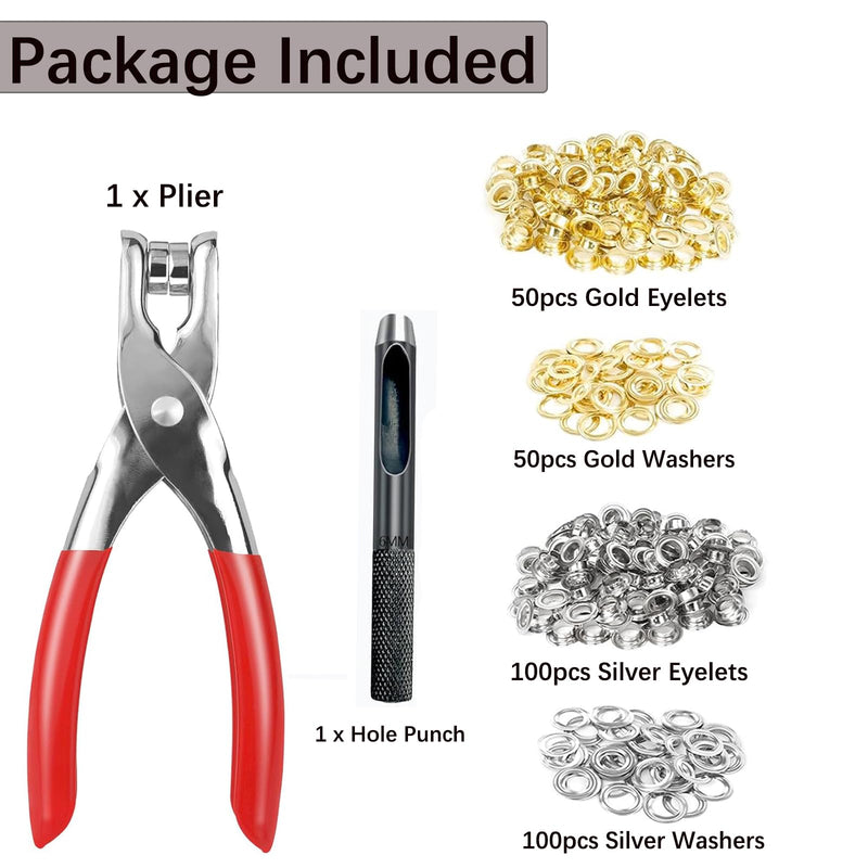[Australia - AusPower] - 1/2 Inch Grommet Tool Kit 150 Set - Darteno Grommet Eyelets Metal in Gold & Silver with Hole Punch Pliers for Fabric, Leather, Canvas, Professional Installation Set 