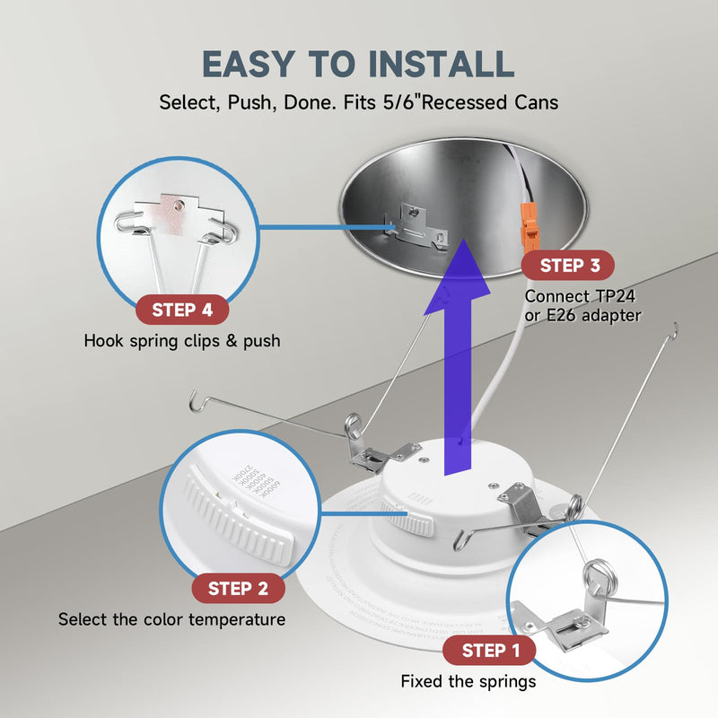[Australia - AusPower] - ECOELER 5/6 inch 5CCT Retrofit LED Recessed Lighting, Dimmable Can Lights, Damp Rated, 16.5W 1200Lm Can Lights with Smooth Aluminum Trim, 2700K/3000K/4000K/5000K/6000K Selectable, ETL & FCC Listed 1 - PACK 