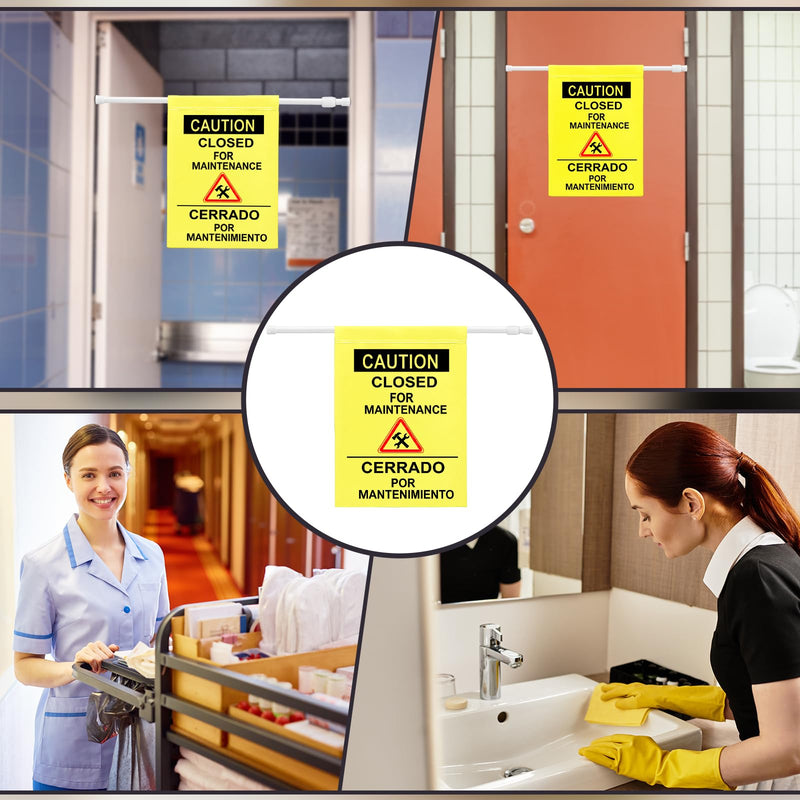 Fanfanwin 2 Pack Restroom Closed for Maintenance Sign with English & Spanish Doorway Barricade Sign with Adjustable Pole Yellow Hanging Doorway Safety Banner for Janitorial Use, Facility Maintenance