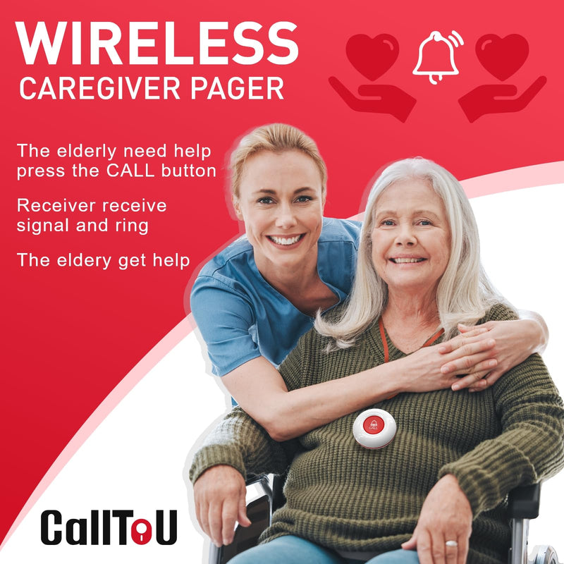 CallToU Wireless Caregiver Pager Smart Call System 2 SOS Call Buttons/Transmitters 2 Receivers Nurse Calling Alert Patient Help System for Home/Personal Attention Pager 500+Feet Plugin Receiver white 2+2