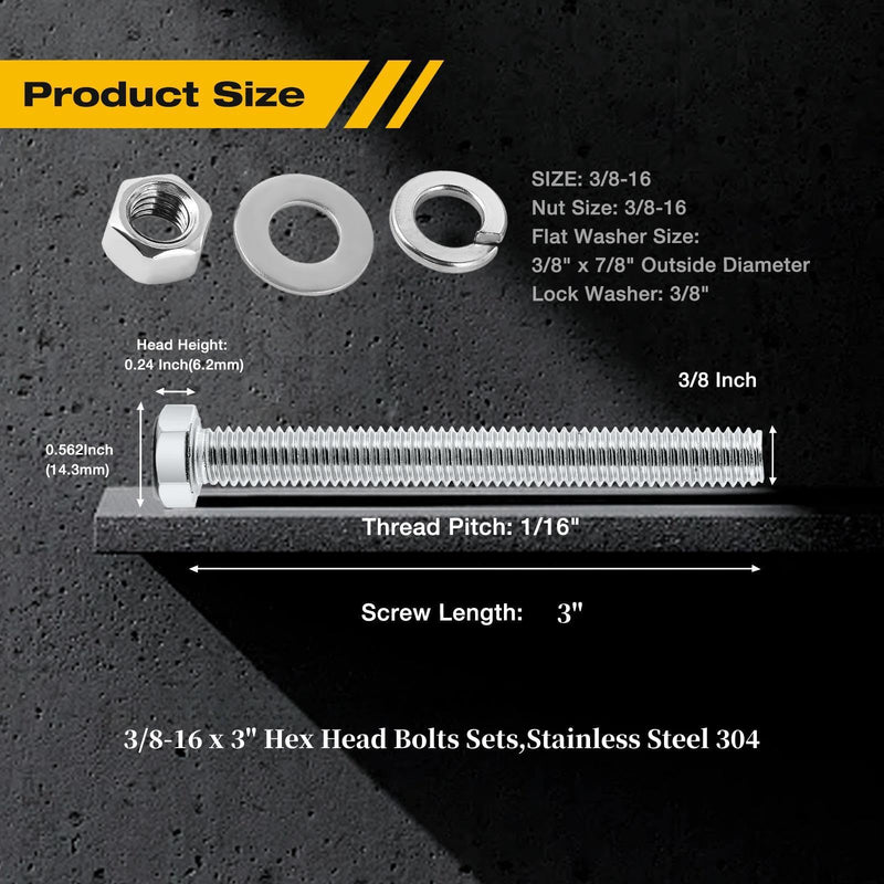 [Australia - AusPower] - (5Set) 3/8-16 x 3 Complete Set Hex Head Screw Bolts,Nuts,Flat washers,Spring Washers,Fully Threaded, Stainless Steel 18-8（304）, Bright Finish. (5Set)3/8-16 x 3" 