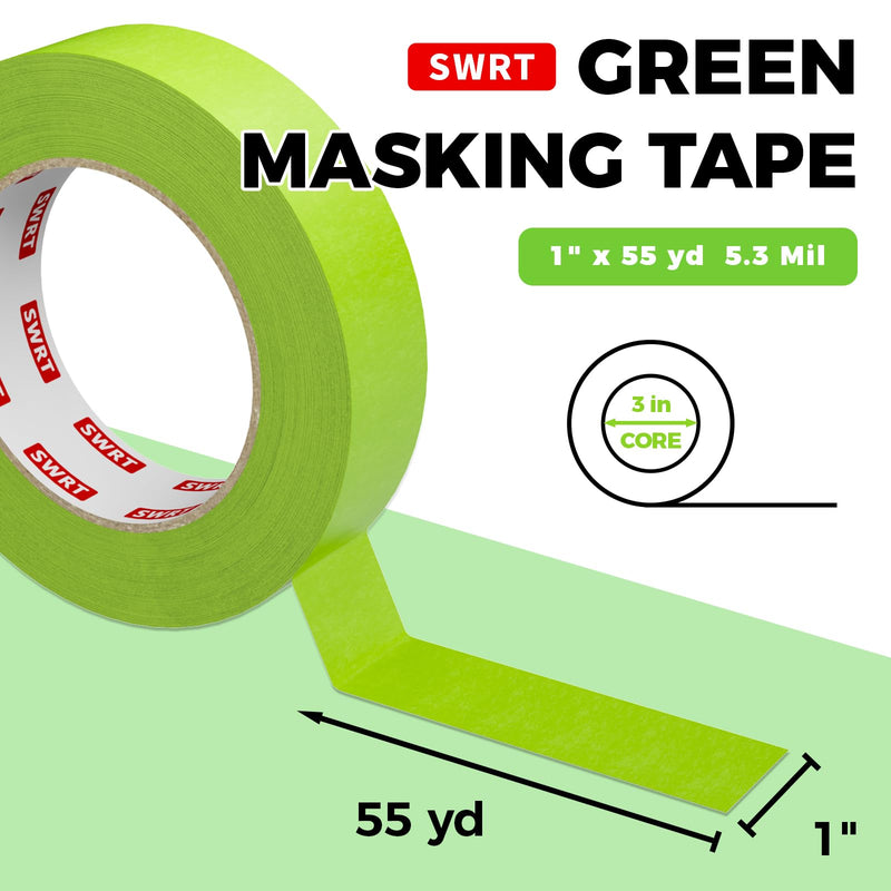 SWRT Green Painters Tape, 1 Inch x 55 Yards, 3 Rolls, Clean Removal | Crisp Paint Edges; Auto Paint Prep; Medium Adhesive Hold; Easy Edge Tracking; Curves & Trim Ready; Easy Hand Tear
