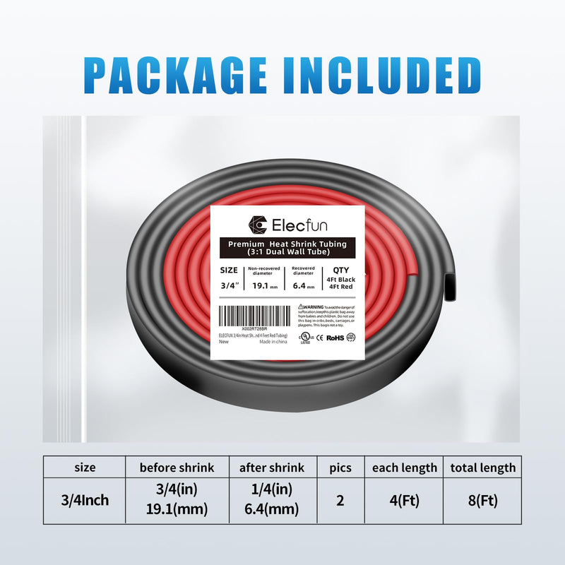 [Australia - AusPower] - ELECFUN 3/4 Inch 8Ft Waterproof Heat Shrink Tubing Roll, 3:1 Marine Grade Adhesive Lined Heatshrink Tube, Dual Wall Sealing Oil-Proof Wear-Resistant Wire Cable Wrap (4ft Black & 4ft Red) 3/4Inch Black-4Ft/Red-4Ft 