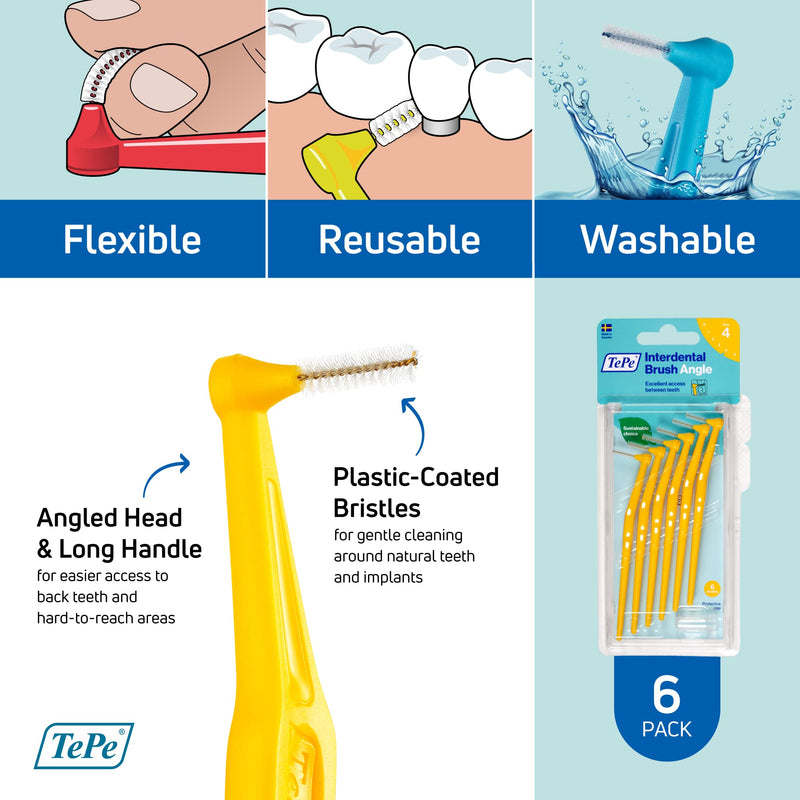 [Australia - AusPower] - TEPE Interdental Brush Angle, Angled Dental Brush for Teeth Cleaning, Pack of 6, 0.7 mm, Medium Gaps, Yellow, Size 4 