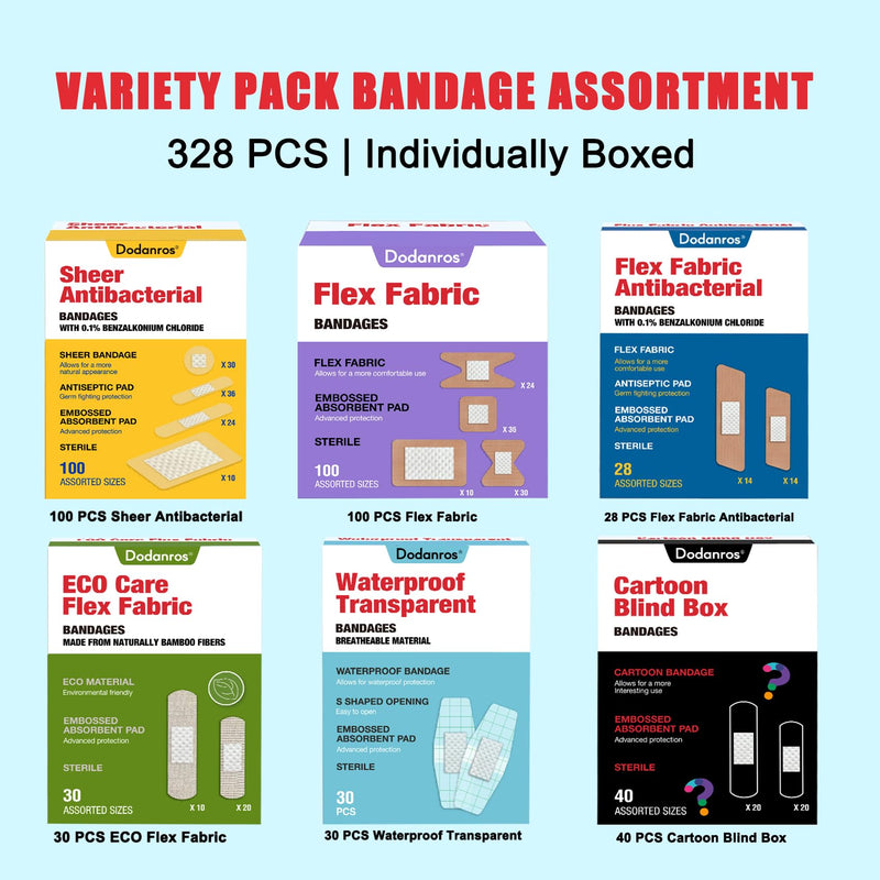 [Australia - AusPower] - Variety Bandages Pack,328ct Assorted Bulk Various Sizes, Shapes &Features | Sheer & Flex Fabric with Benzalkonium, ECO Bamboo Fabric, Waterproof, Cartoon Blind Box Fragrance Bandages 